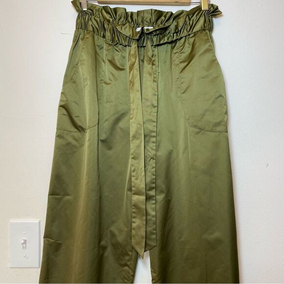 MILLY Kori Paperbag Gathered Waist Wide-Leg Satin Trouser Pants Olive Green M - Picture 9 of 13